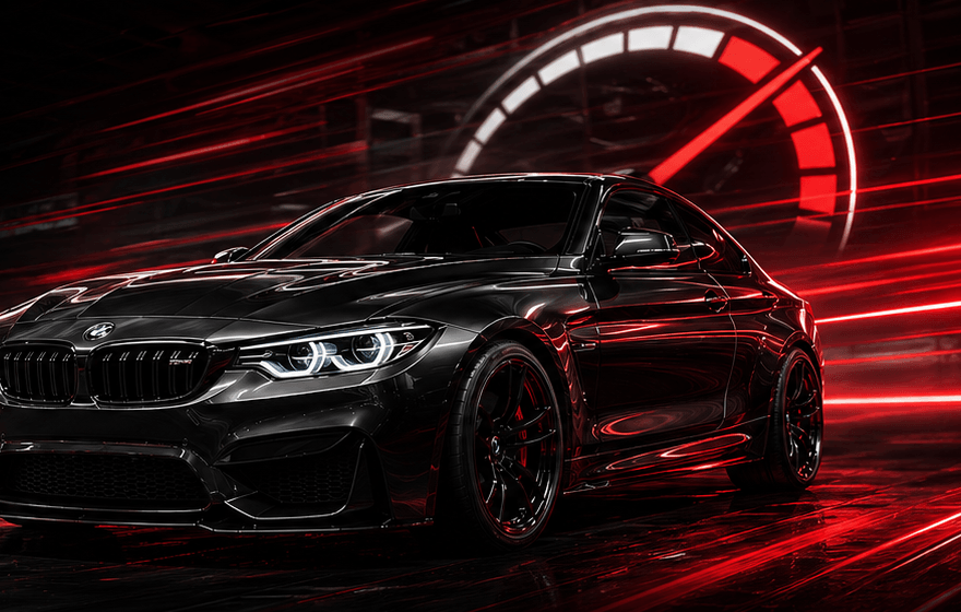 Dark performance car in a tuning workshop